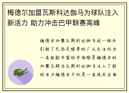 梅德尔加盟瓦斯科达伽马为球队注入新活力 助力冲击巴甲联赛高峰